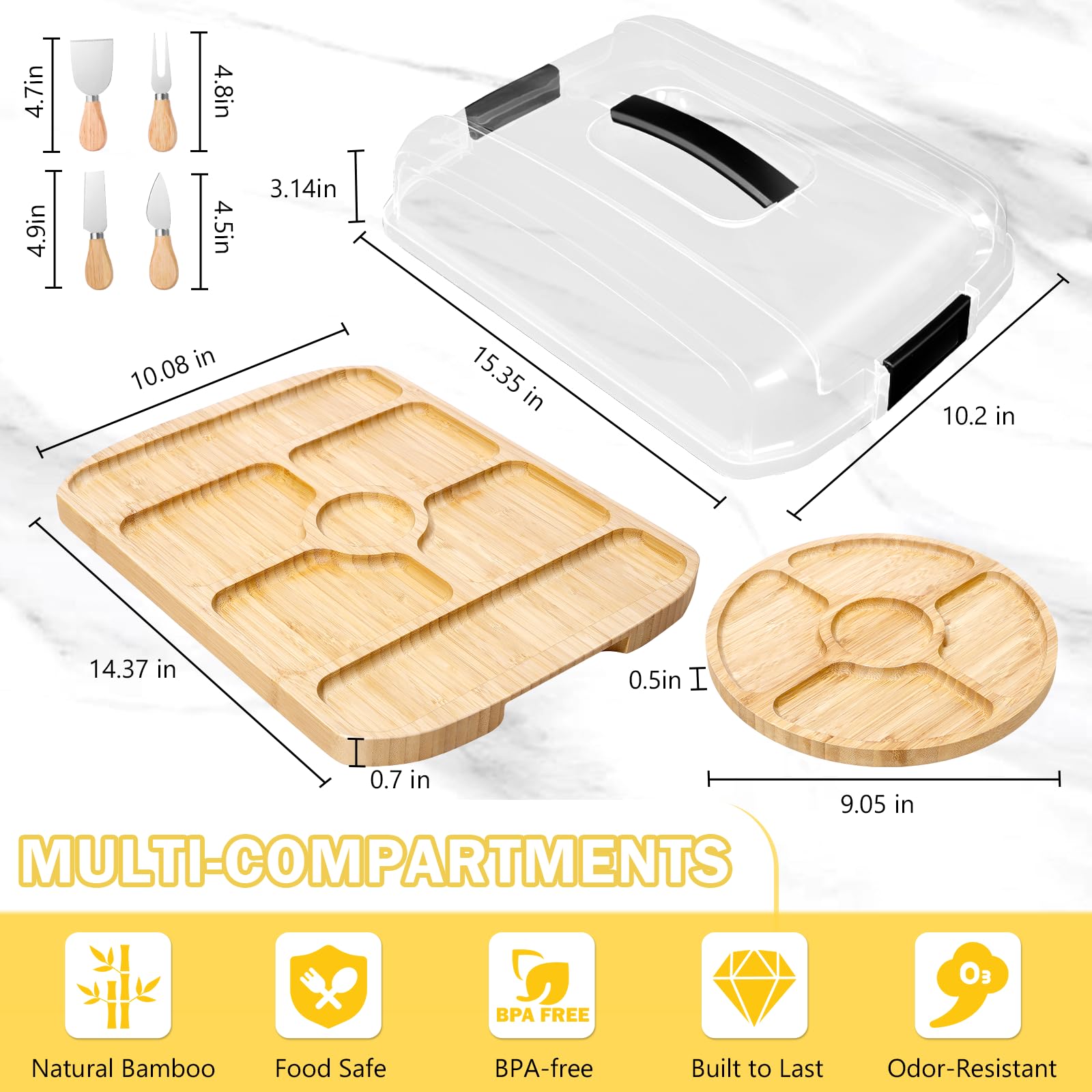 FuBegi bamboo cheese board with seven compartments keeps items organized.