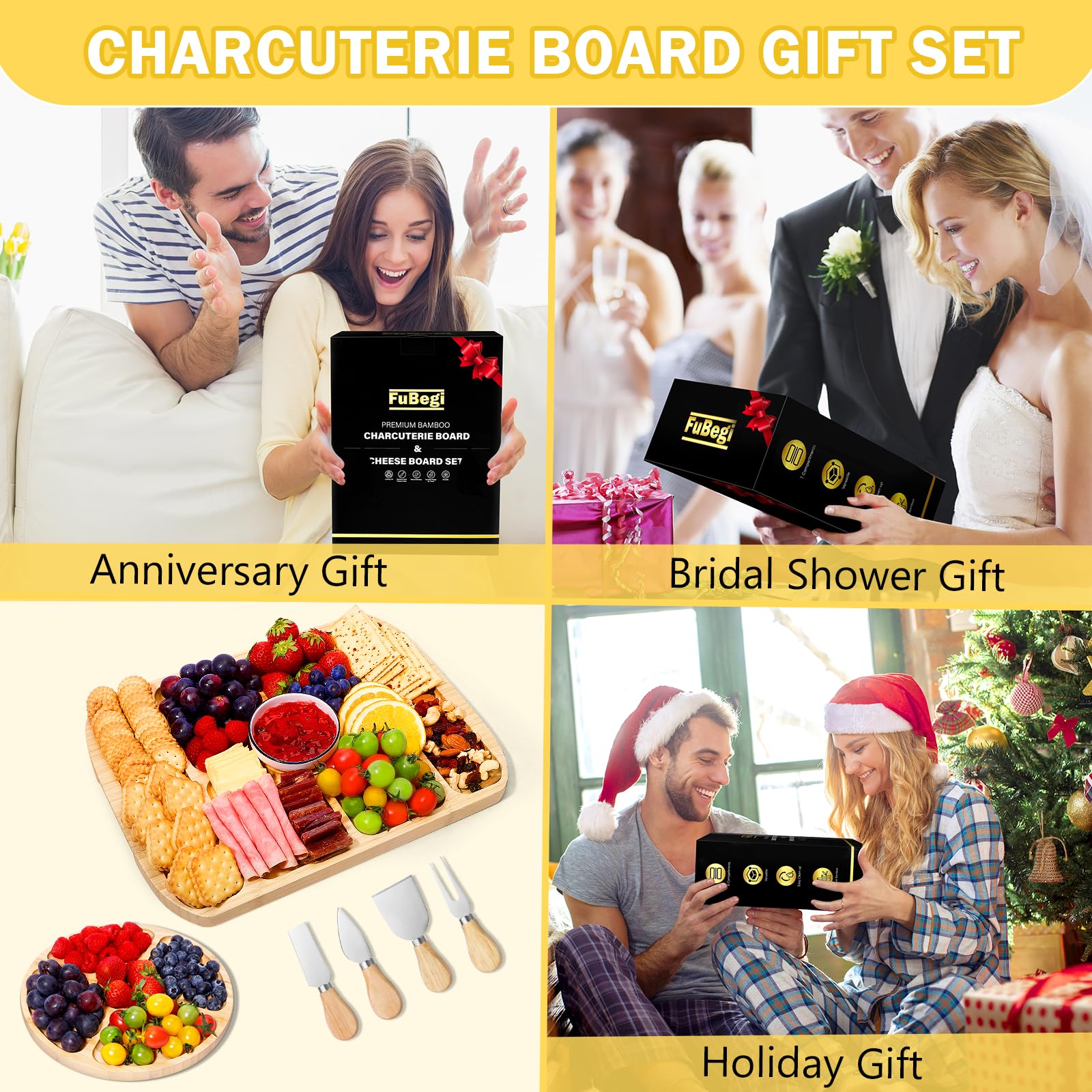 FuBegi charcuterie board set includes round fruit tray for balanced presentation.