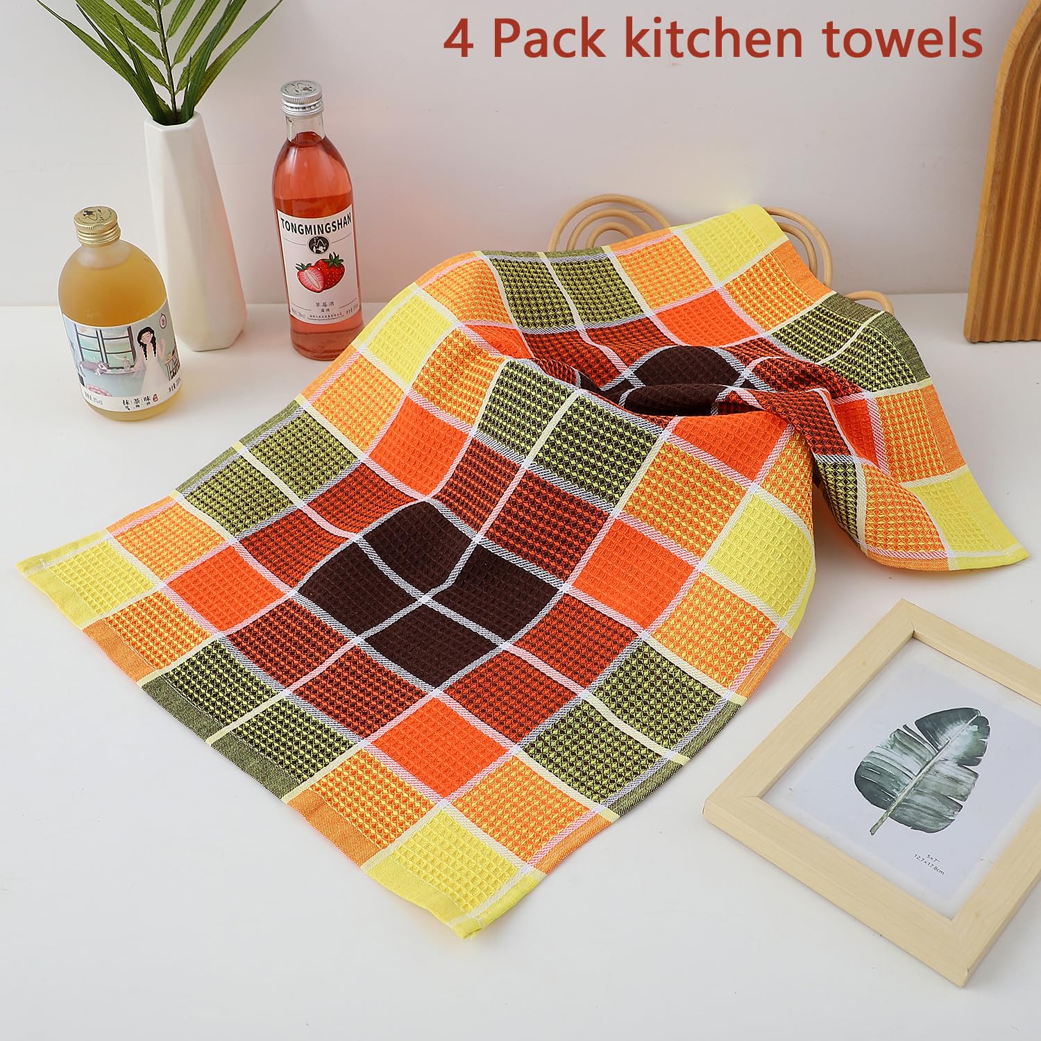 Fucibt orange buffalo check towel with waffle weave, ideal for drying dishes