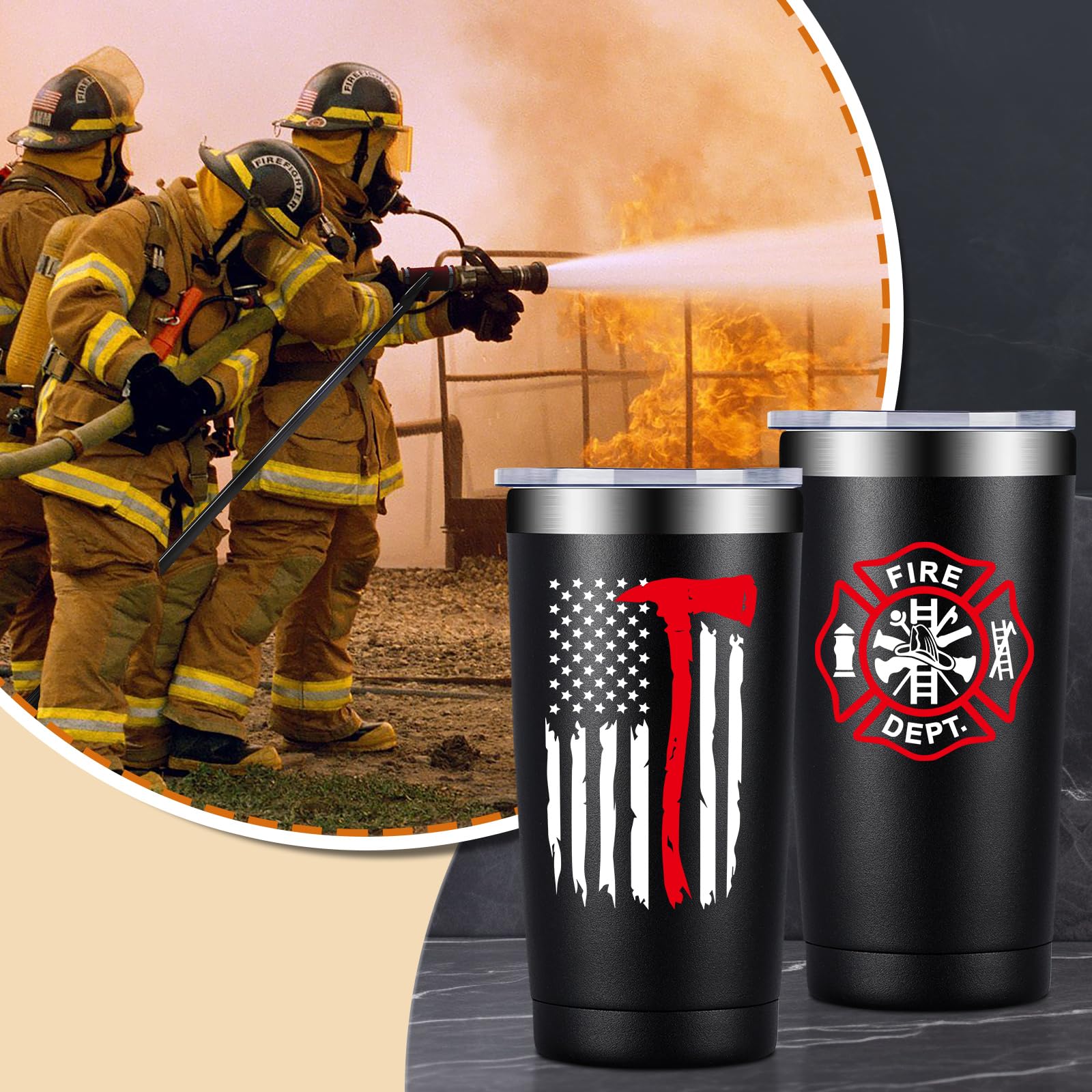 Fufandi firefighter tumbler BPA free lid for spill free sipping.