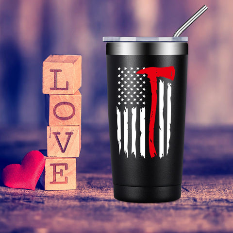 Fufandi firefighter tumbler features firefighter design printed on the side.