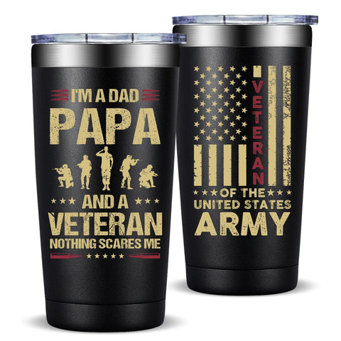 Fufandi Veteran Gifts 20oz tumbler closeup logo, premium gifting look.