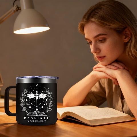 Fufendio Fourth Wing mug for indoor and outdoor use during adventures.