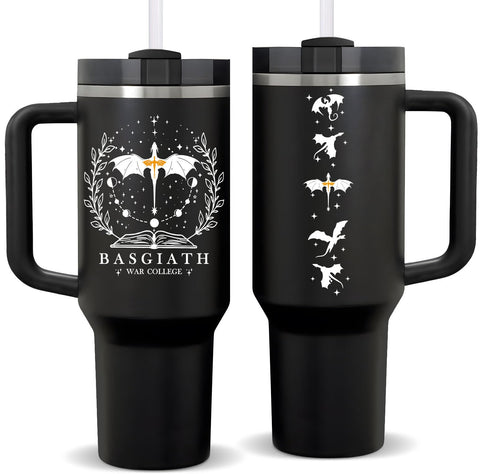 Fufendio Fourth Wing tumbler with dragon design keeps beverages warm during reading sessions
