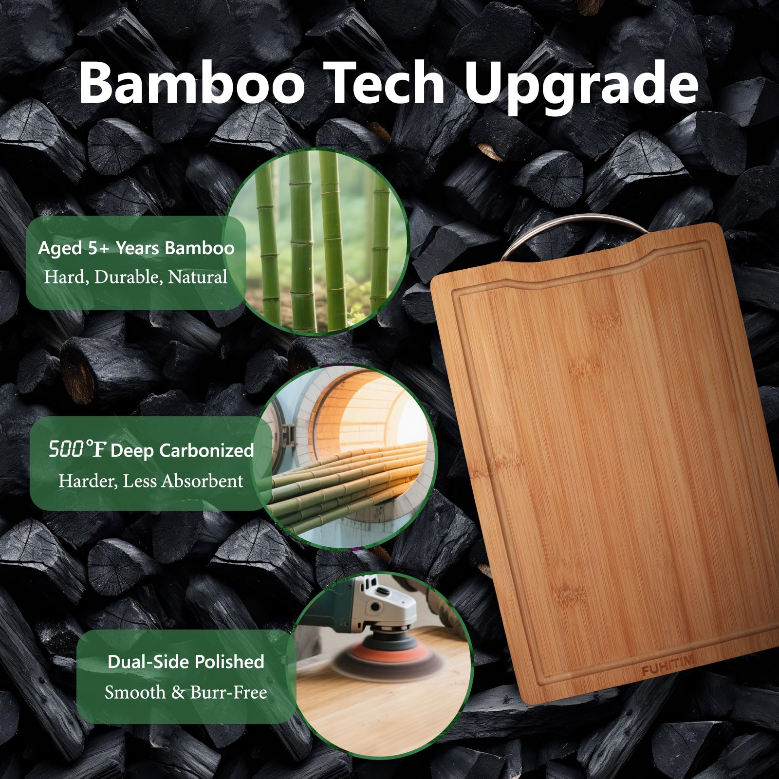 FUHITIM bamboo cutting board double-sided with juice grooves catching liquids
