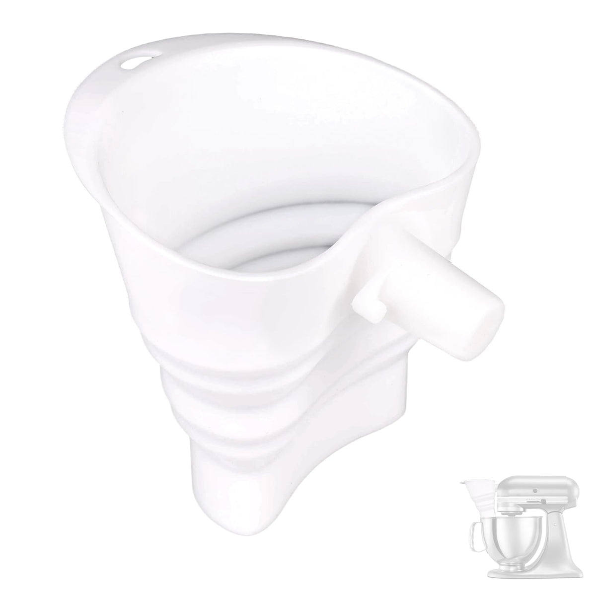 Fukaisu flour funnel with tilt-head design for mess-free pouring into the mixer bowl