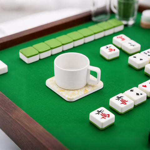 Fukaisu Mahjong coaster in red with Dot Bam Crack and floral pattern for décor.