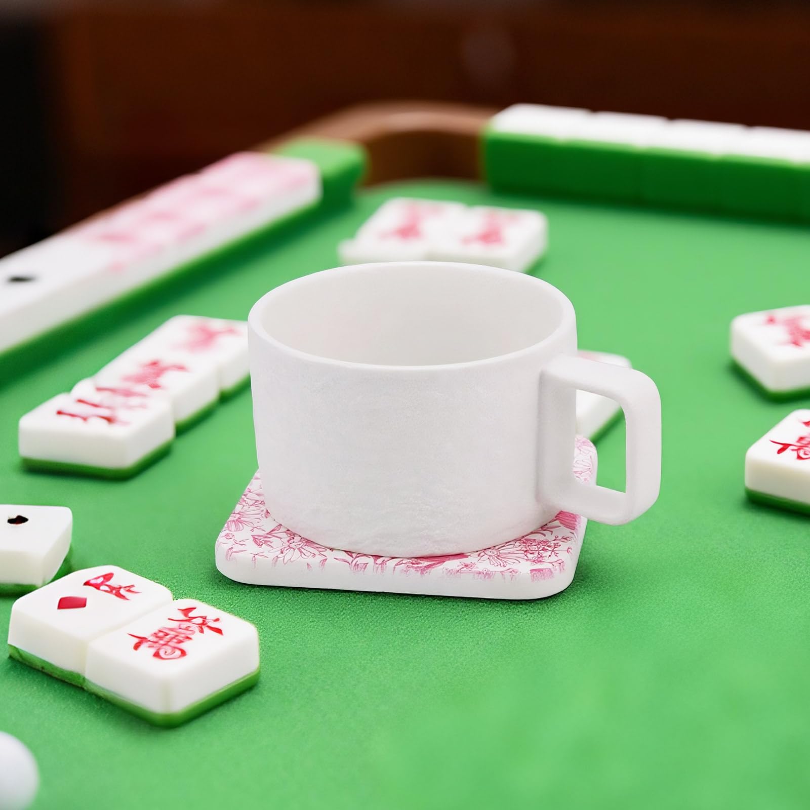 Fukaisu floral blue Mahjong coaster pairs with drinks on game night.