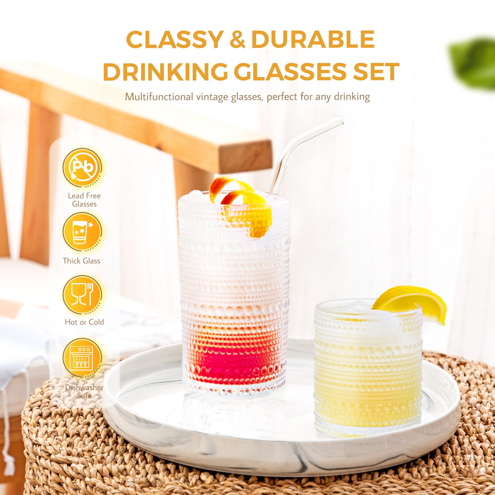 FULGNU vintage glassware collection enhances breakfast, tea, or juice moments.