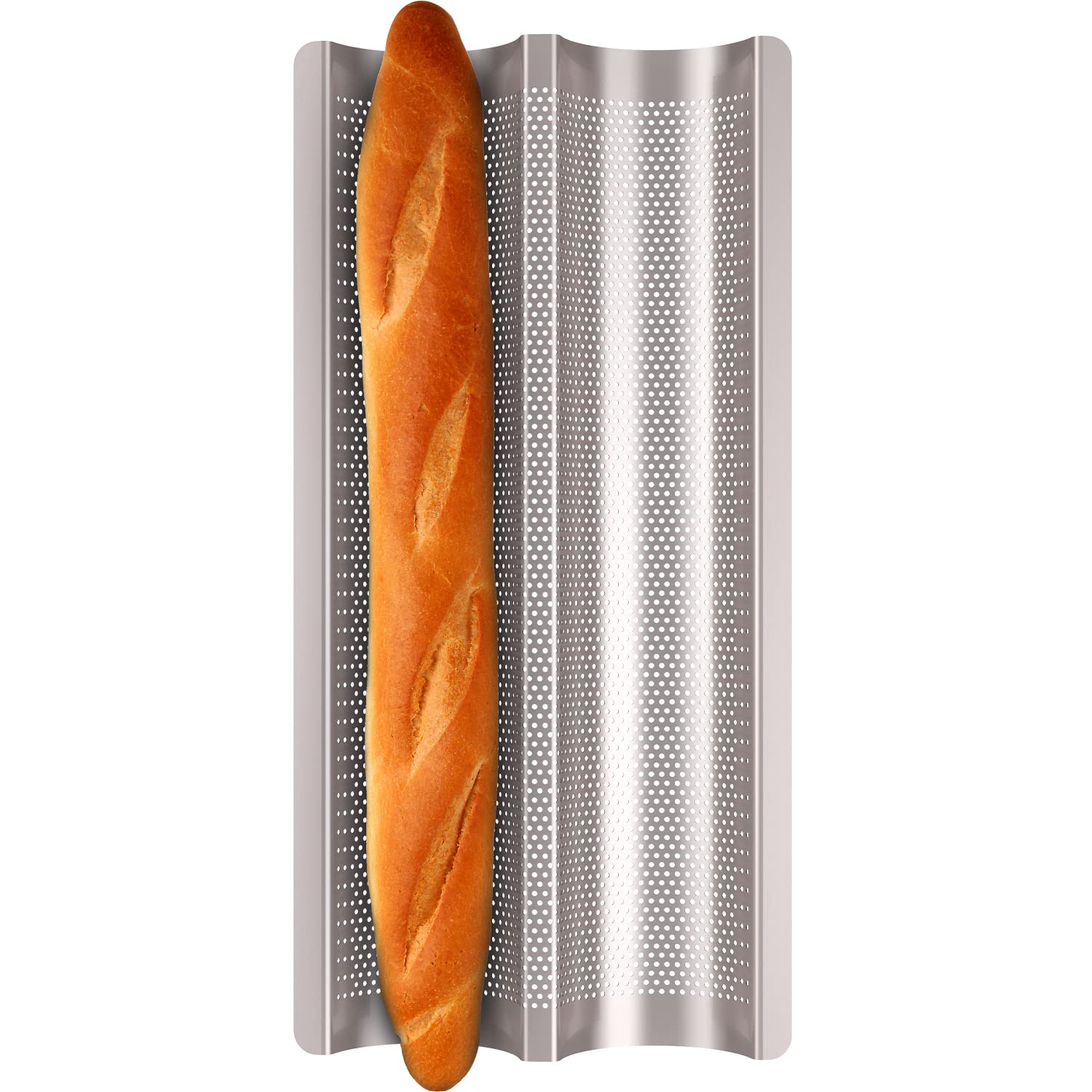 Fulimax baguette pan perforations close-up for airy interior and crispy crust