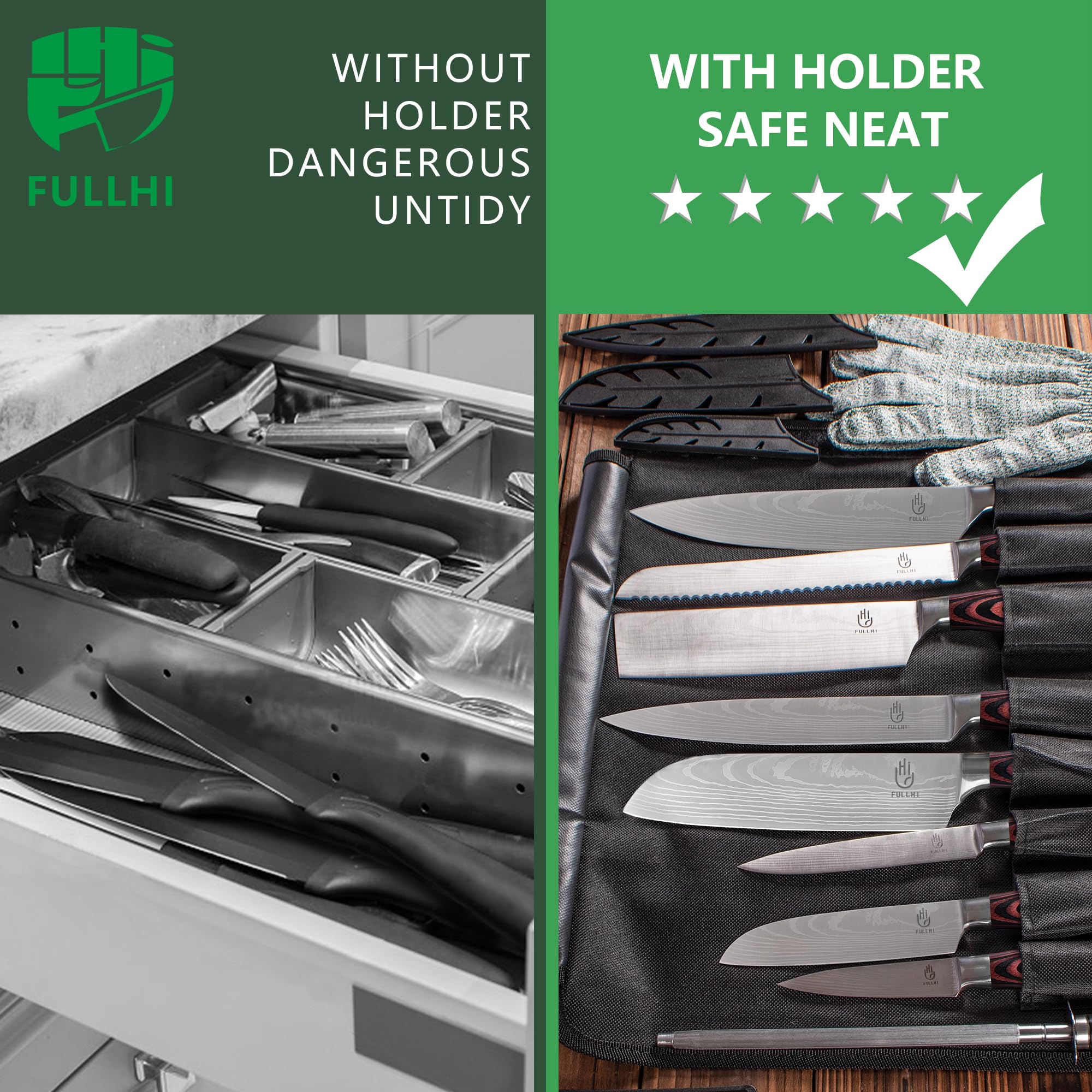 FULLHI 7-inch santoku knife versatile for chopping, dicing, and mincing.
