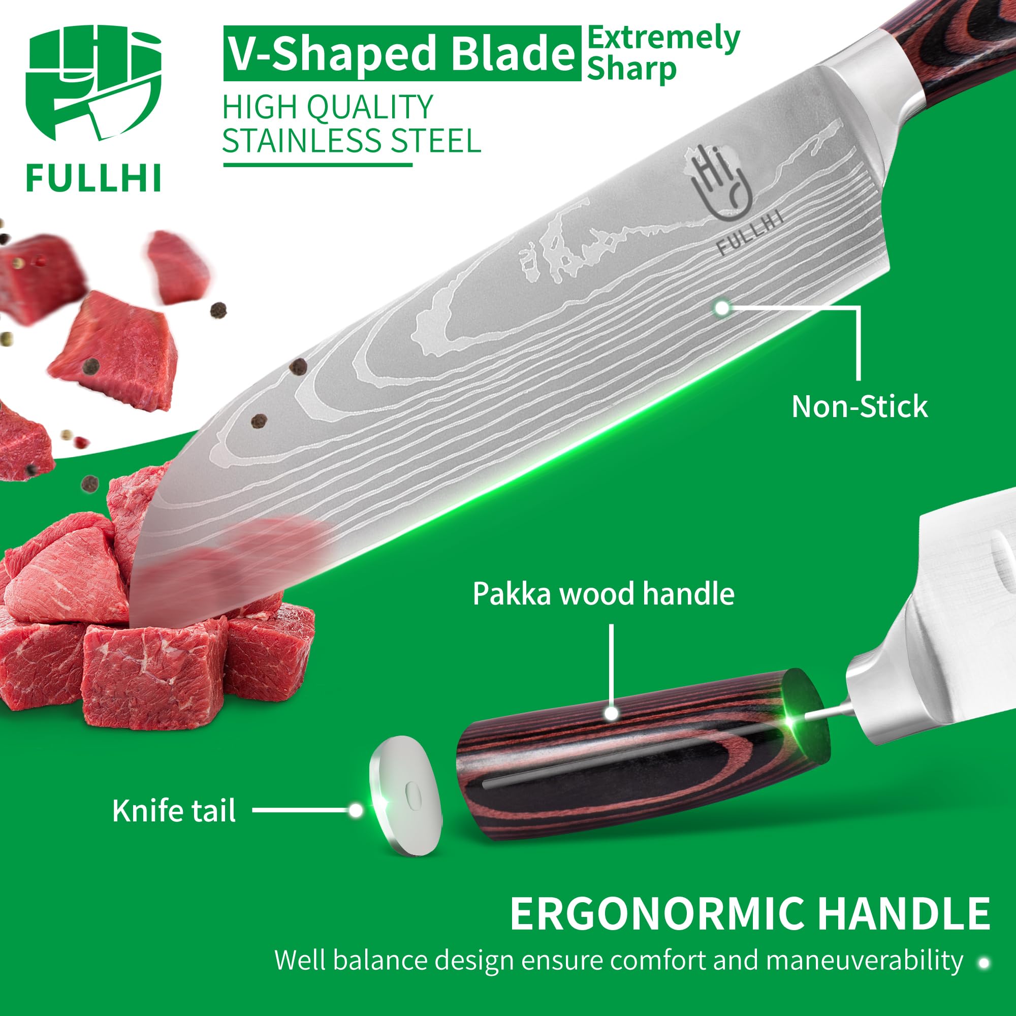 FULLHI 8-inch slicing knife delivers clean, even cuts for roasts and poultry.