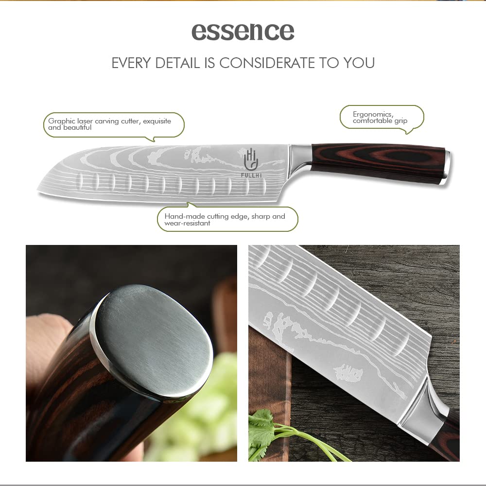 FULLHI five-inch santoku knife close-up with sharp edge detail