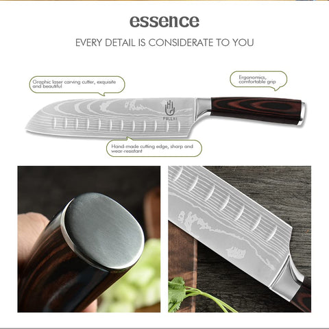 FULLHI five-inch santoku knife close-up with sharp edge detail