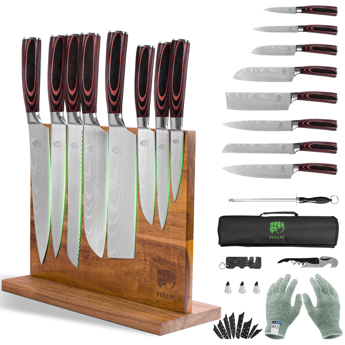 FULLHI knife-set with magnetic block keeps blades organized for easy access.
