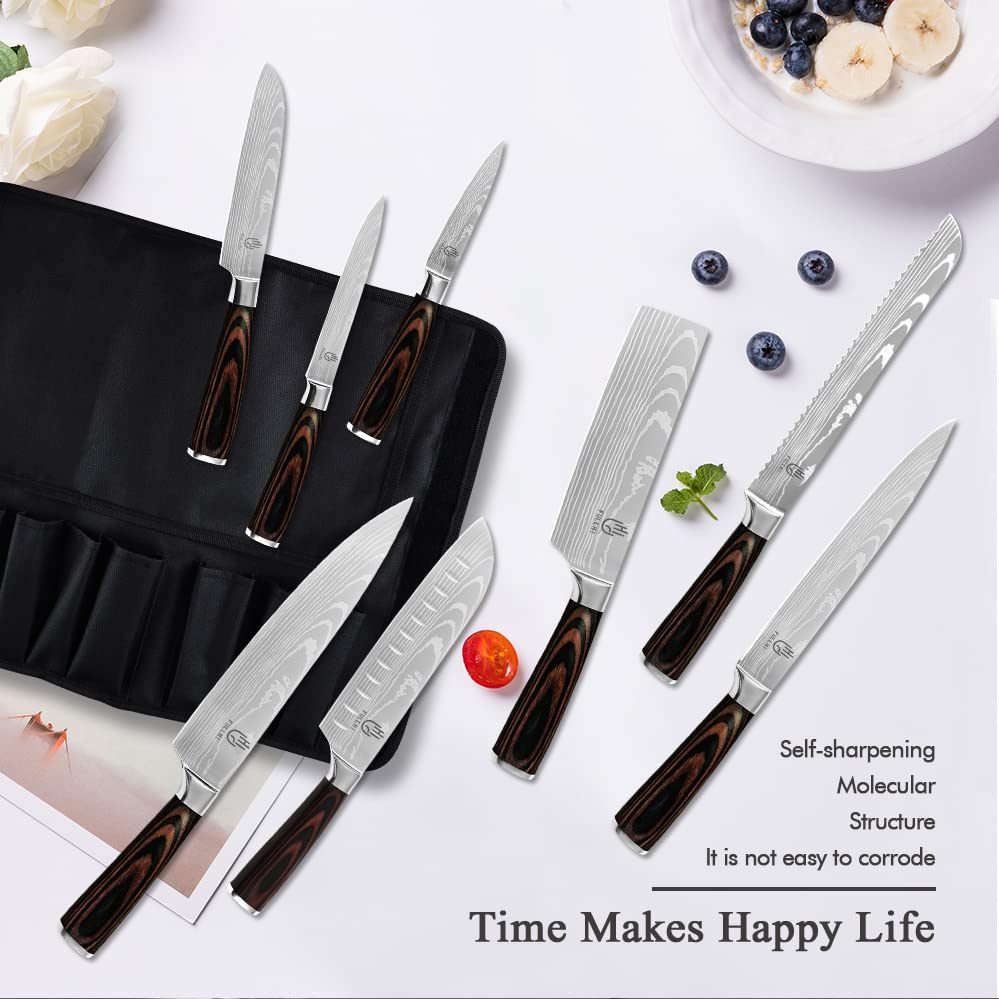 FULLHI knife set santoku knife in use on cutting board
