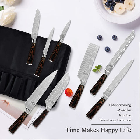 FULLHI knife set santoku knife in use on cutting board