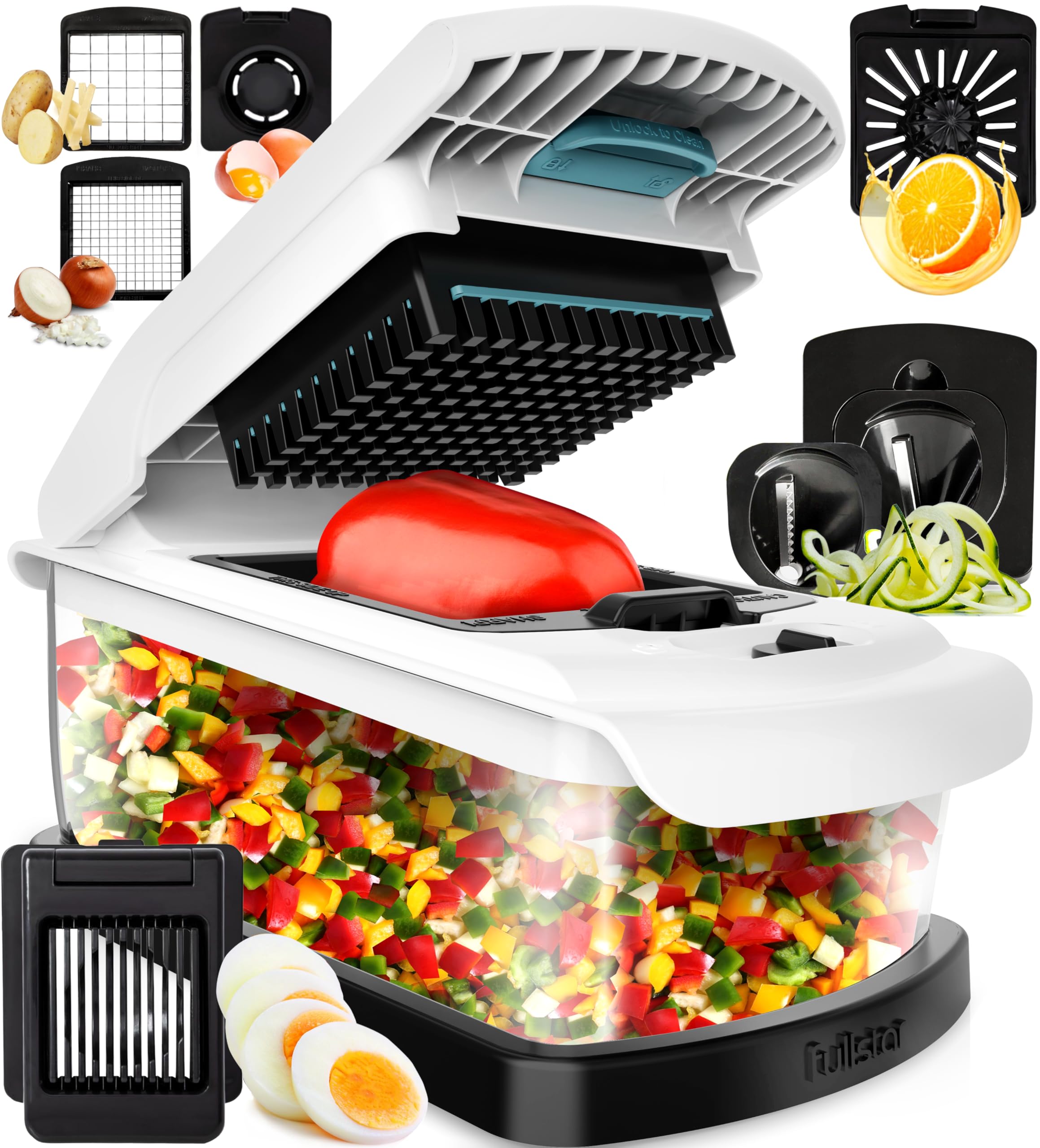 Fullstar 9-in-1 chopper with catch tray for quick, mess-free prep.
