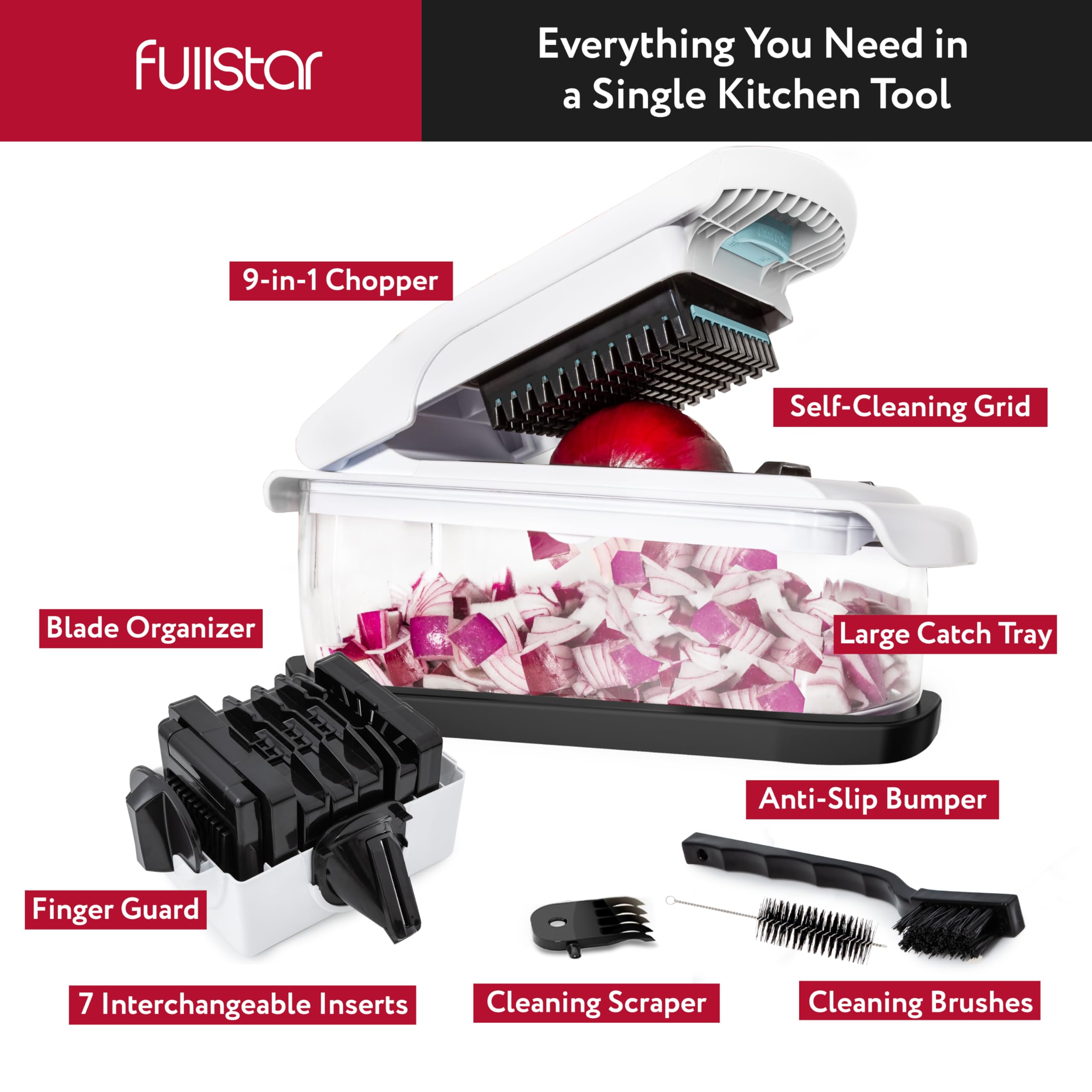 Fullstar spiralizer in action creating ribbon cuts for colorful salads.