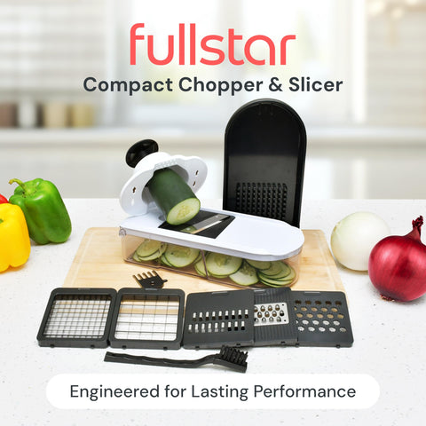 Fullstar mandoline with finger guard protects hands during slicing.