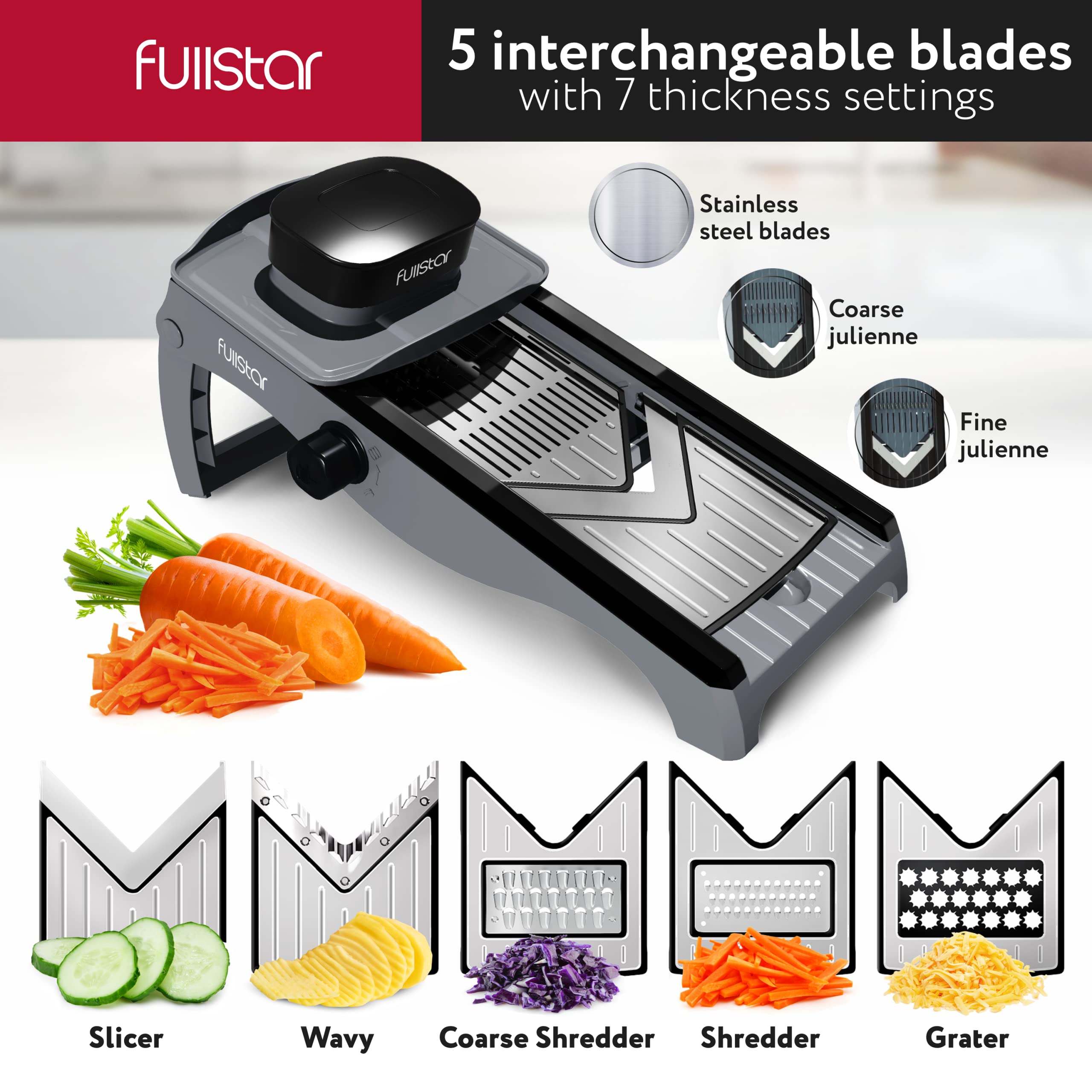 Fullstar adjustable-thickness feature for consistent 1mm to 7mm slices.