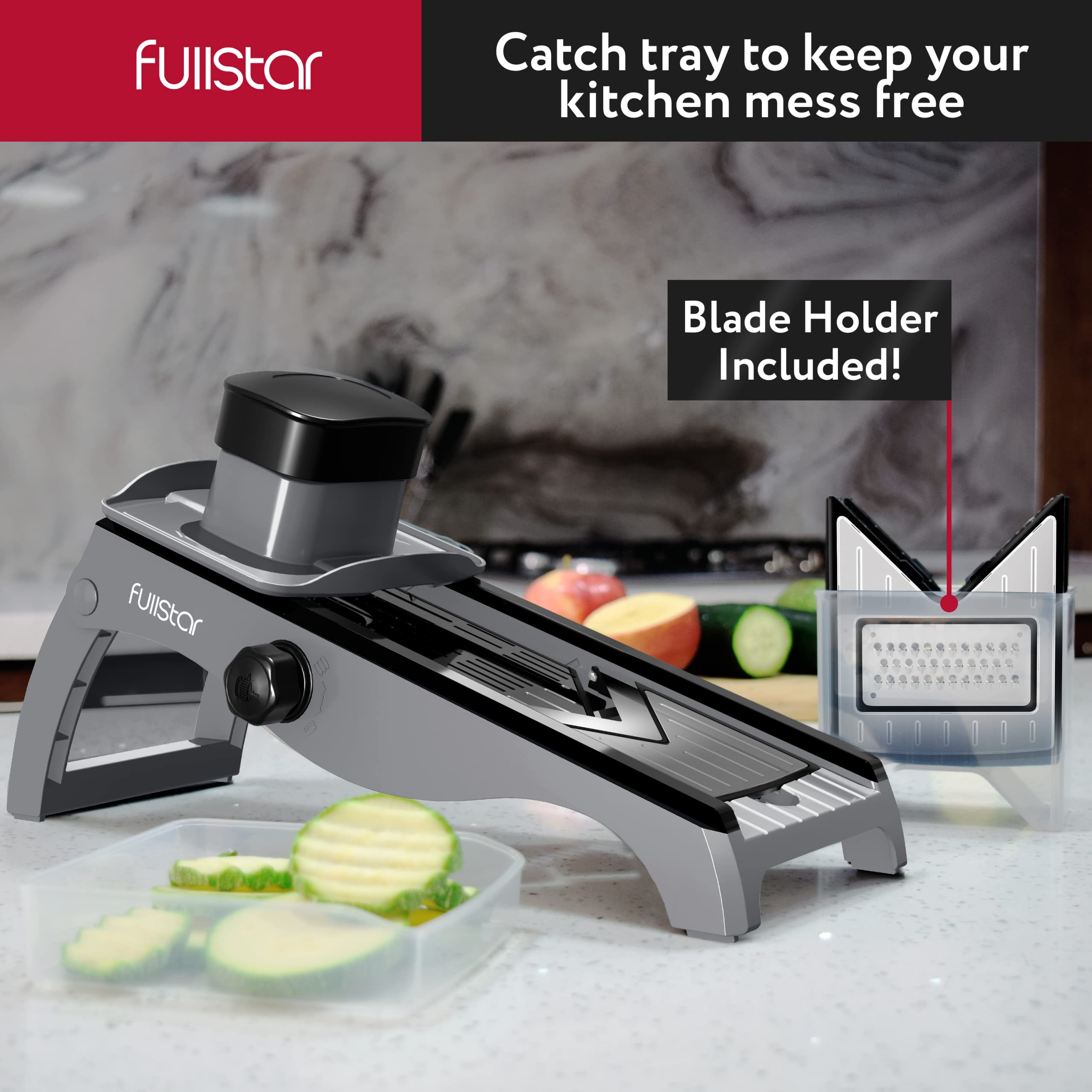 Fullstar hand guard provides secure control during food prep.