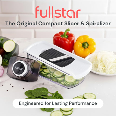 Fullstar Mandoline Slicer large-capacity tray supports batch prep without frequent emptying