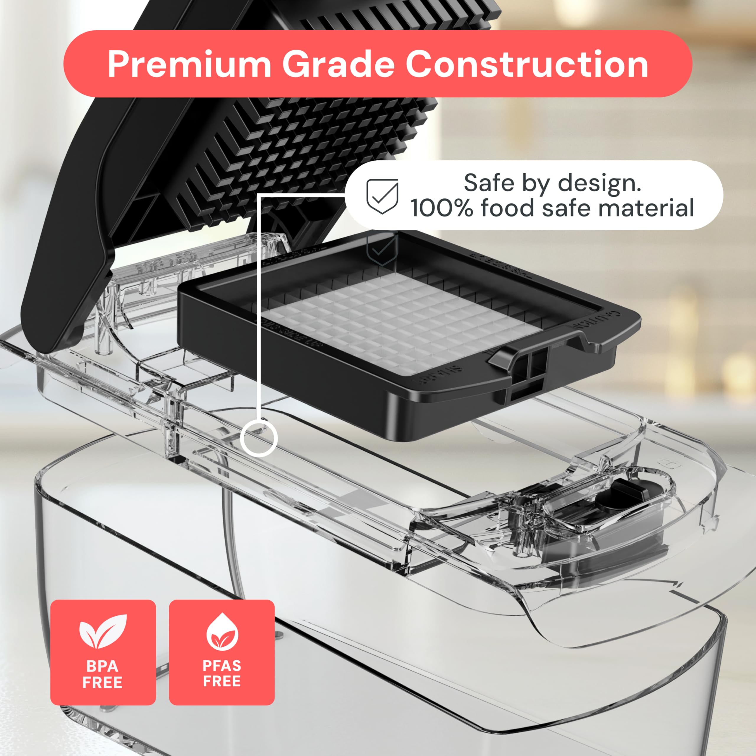 Fullstar Original Pro Chopper built-in catch tray minimizes countertop mess.