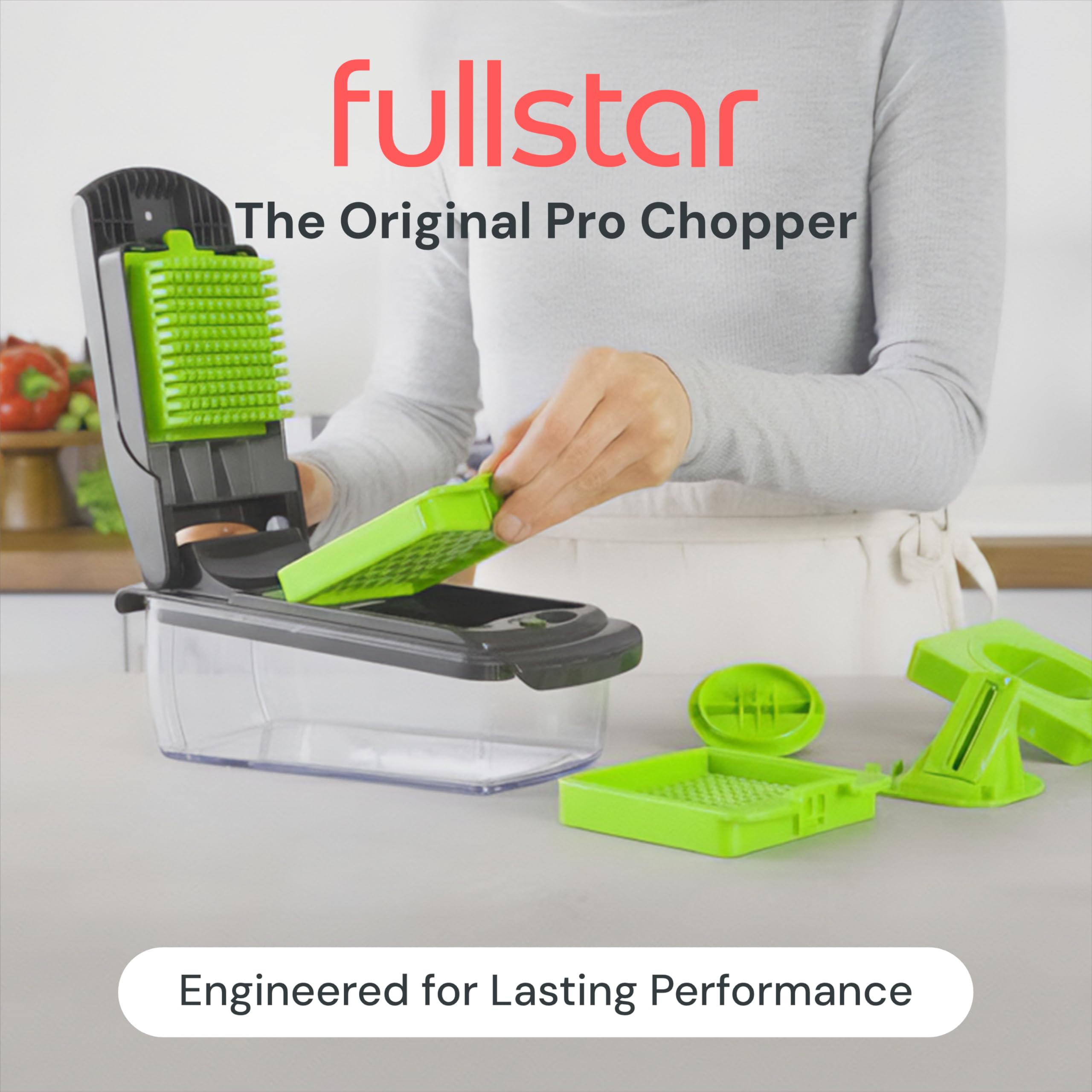 Fullstar Original Pro Chopper dicer bowl in use for uniform cubes.