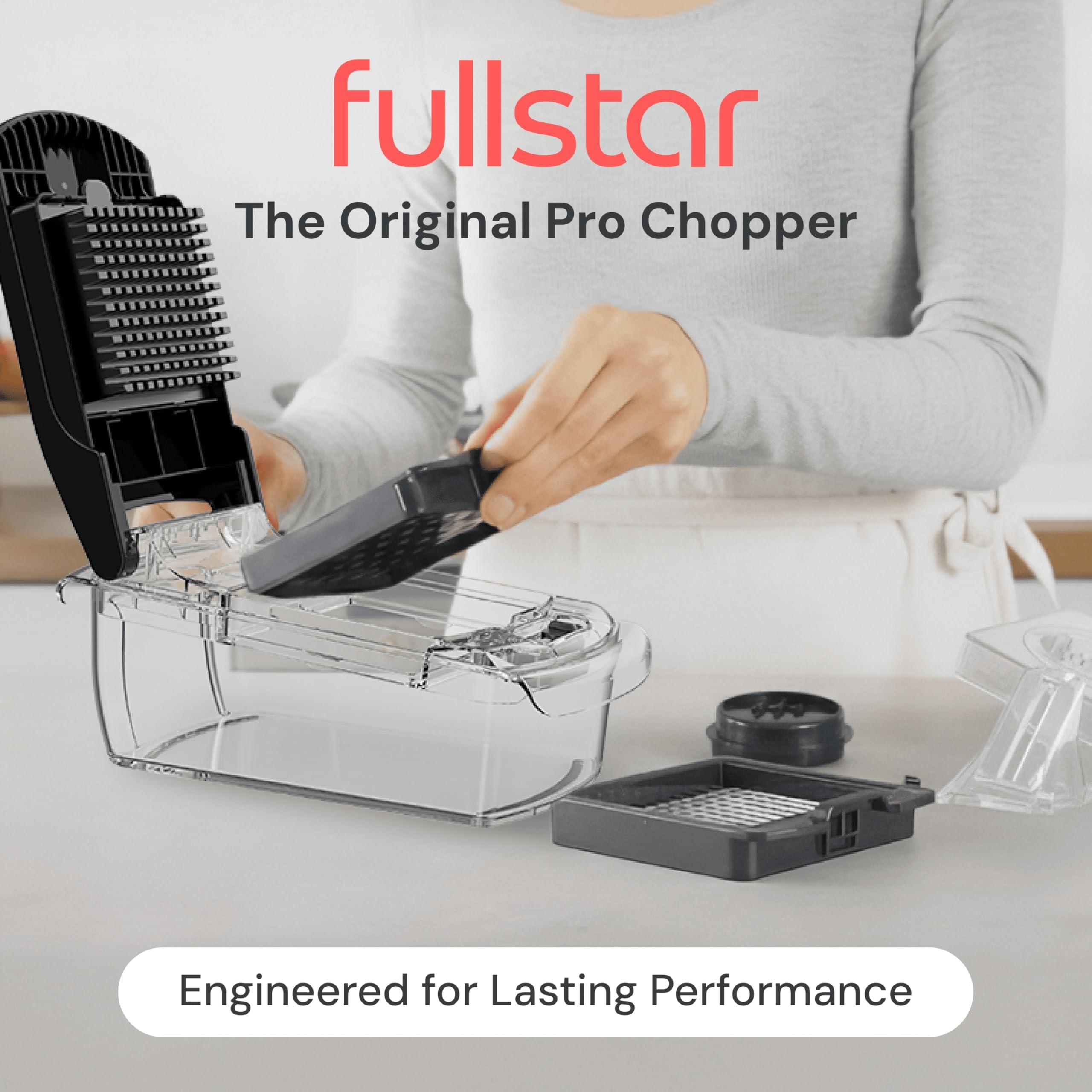 Fullstar Original Pro Chopper with rust-resistant blades slices vegetables evenly.