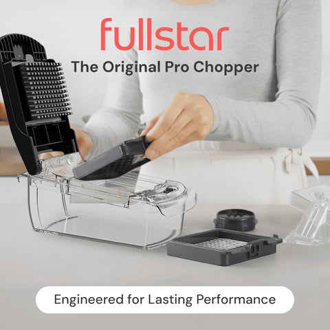 Fullstar Original Pro Chopper with rust-resistant blades slices vegetables evenly.