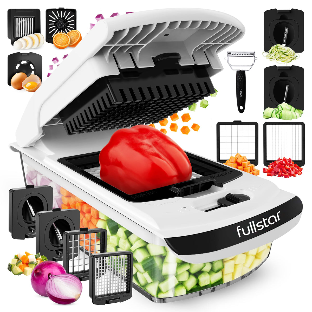 Fullstar The Original Pro Chopper on a kitchen counter with blades exposed for quick dicing.