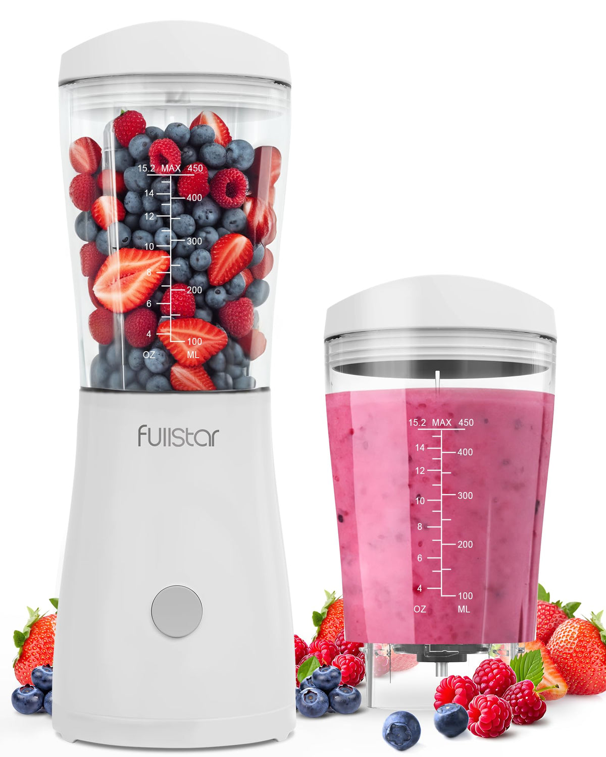 Fullstar portable blender with 15oz cup and sipper lid for on-the-go smoothies.