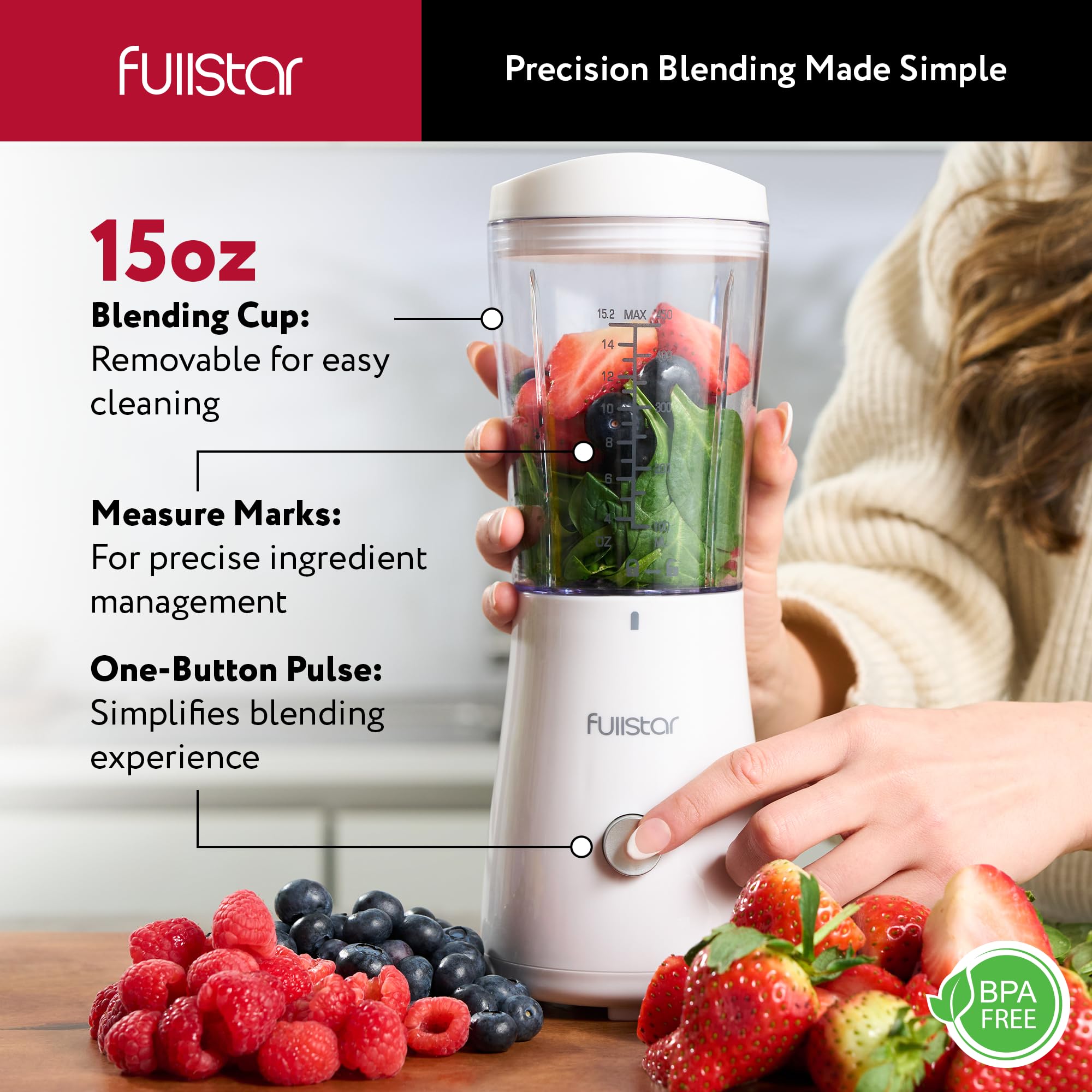 Fullstar portable blender with four-blade stainless steel system for smooth results.