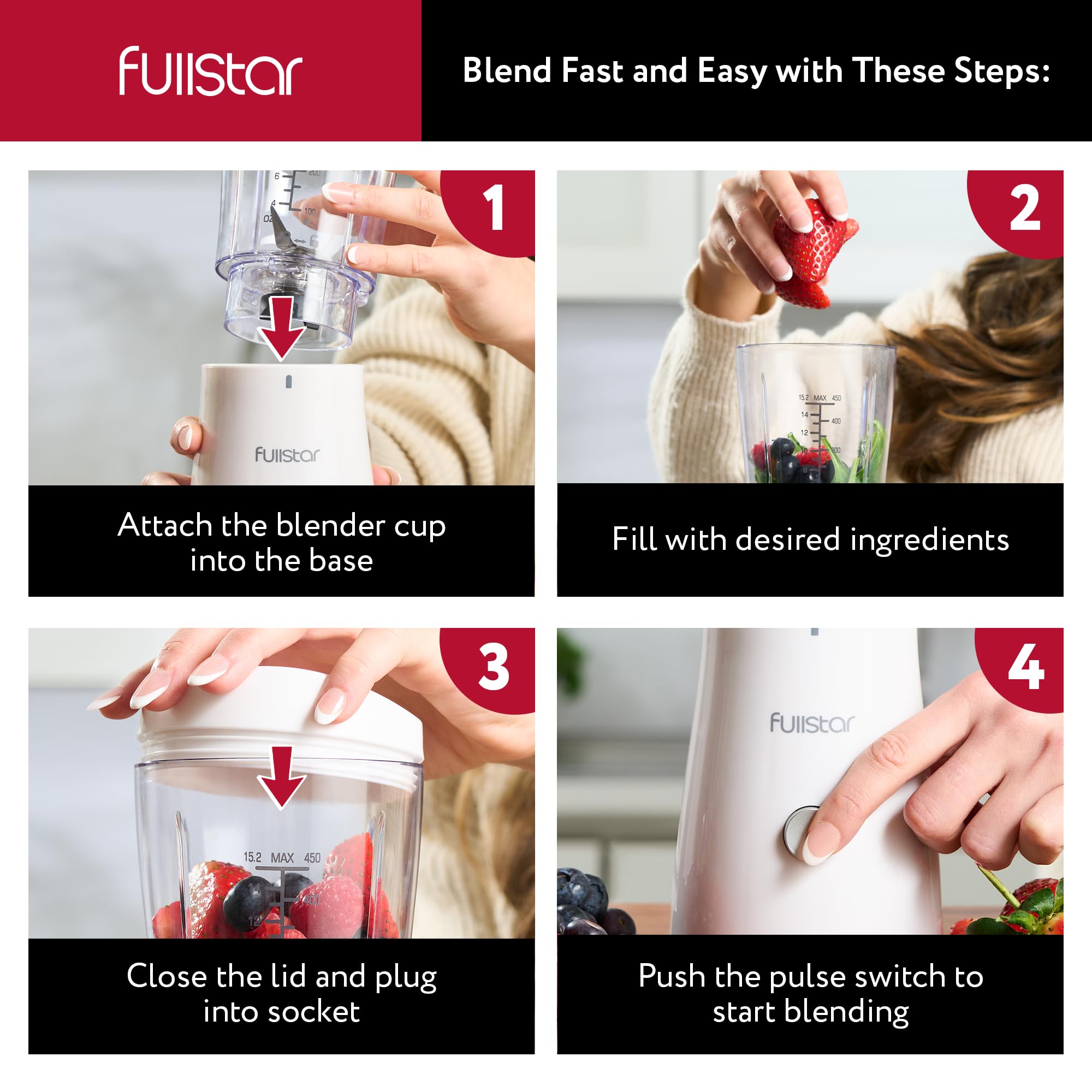 Fullstar portable blender used for baby foods, juices, and blends.