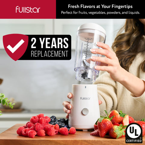 Fullstar portable blender demonstrates one-button control for quick blending anywhere.