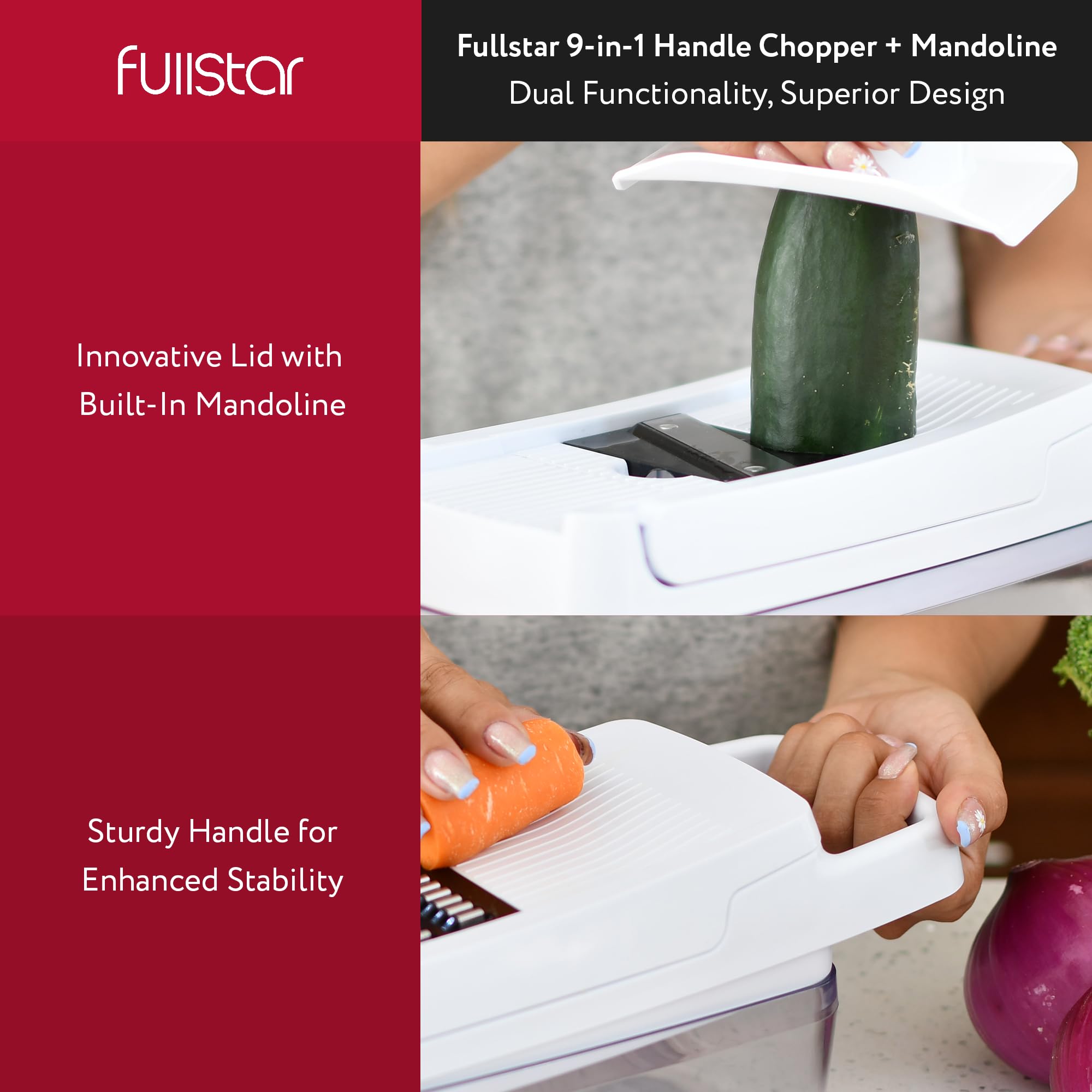 Close-up of Fullstar stainless steel blades delivering uniform slices