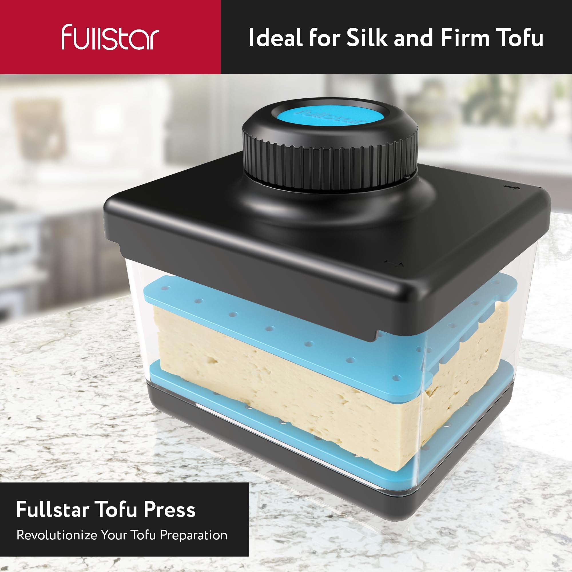 Fullstar tofu press spring in action delivering consistent pressure for even drainage.