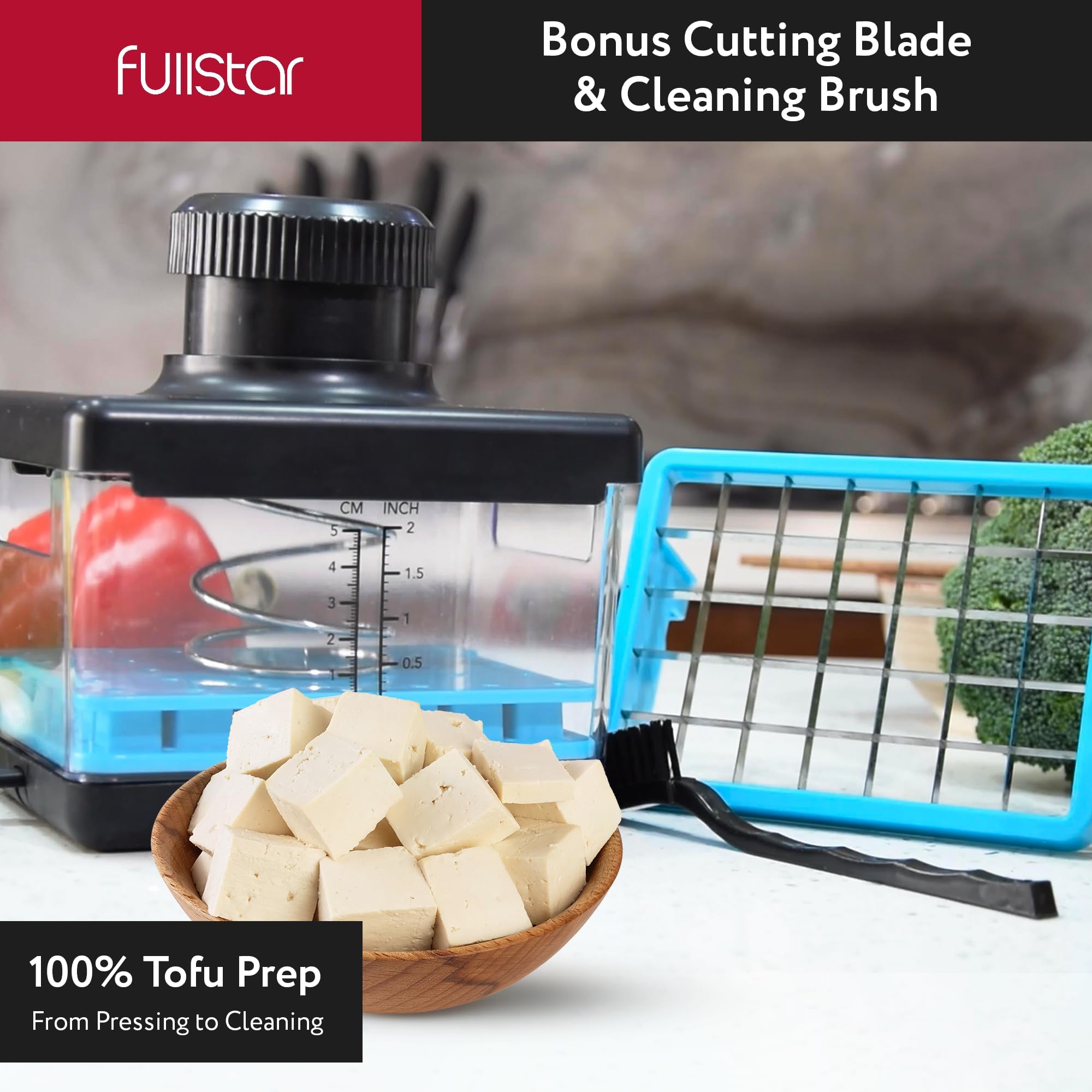 Fullstar tofu press demonstrates two pressure levels for silken and firm tofu.
