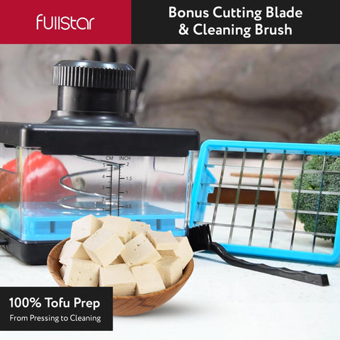 Fullstar tofu press demonstrates two pressure levels for silken and firm tofu.