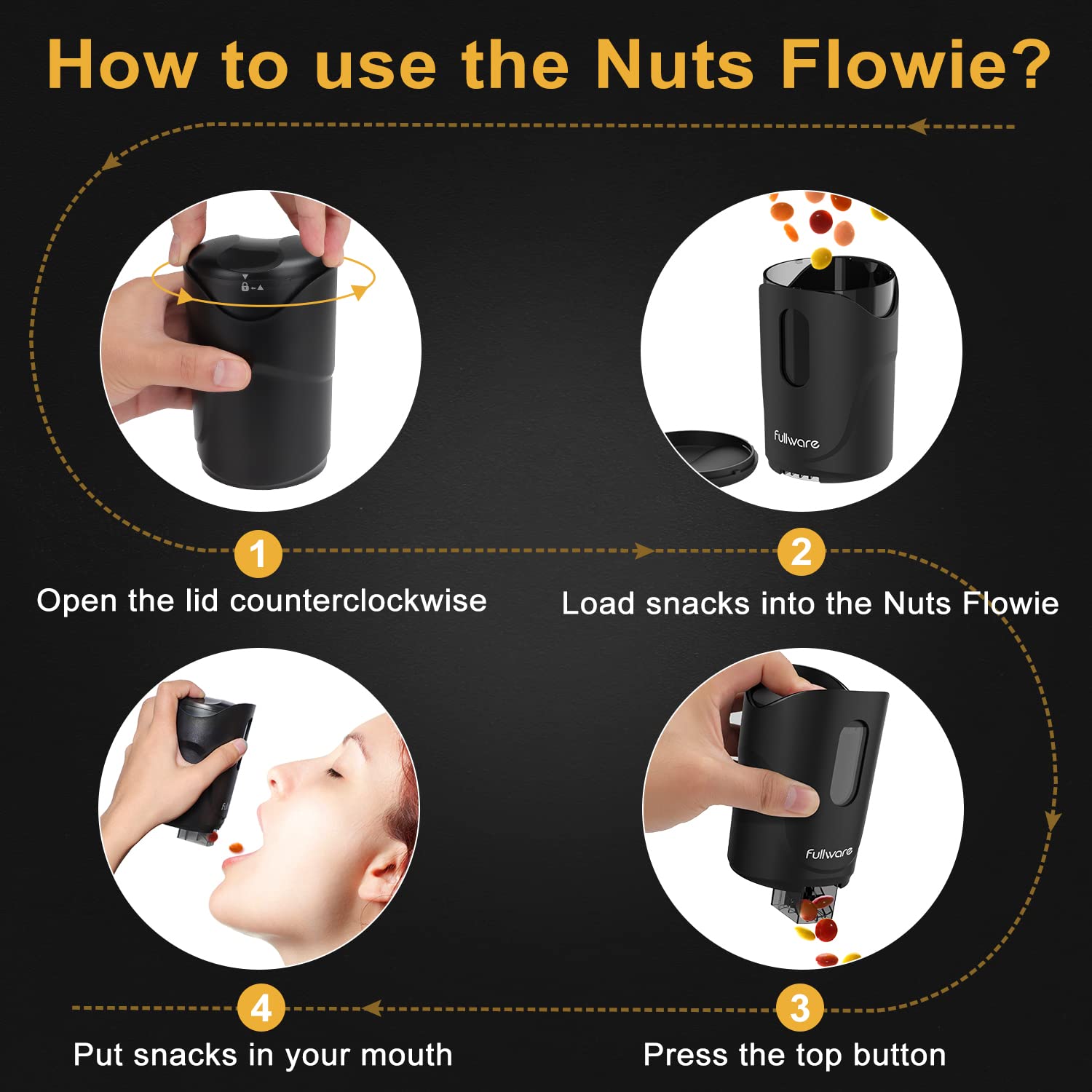 Fullware Nuts Dispenser sealed refillable chamber enables quick snack reloads.