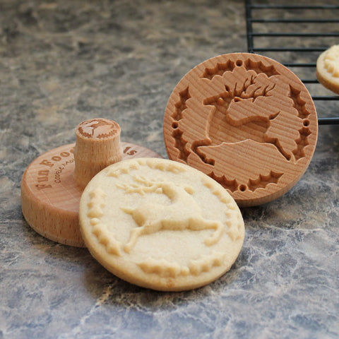 Fun Food Tools wood cookie stamp Reindeer and Holly 2.5 inch for festive cookies.