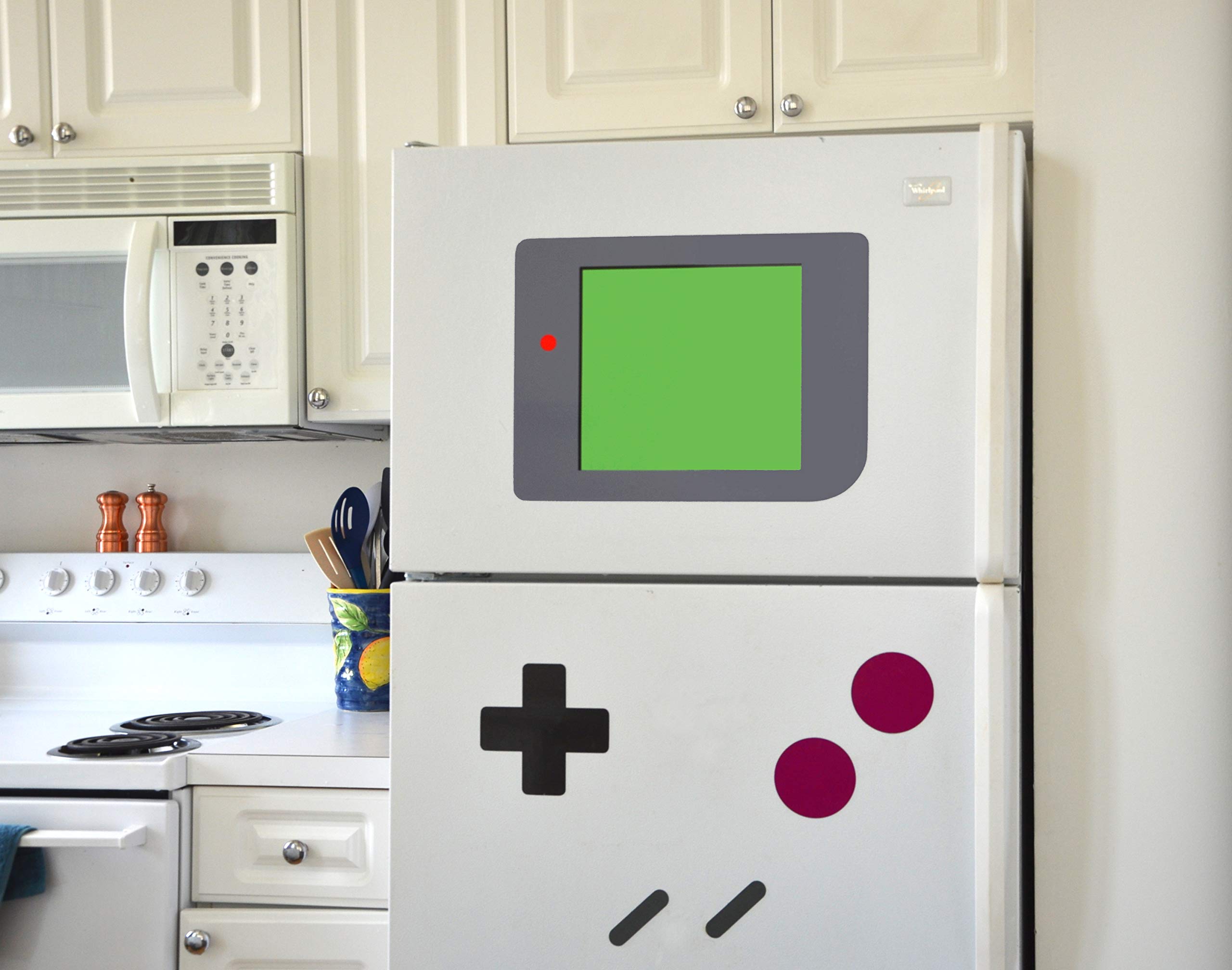 Arcade style FridgeBoy magnets on fridge for nostalgic vibes