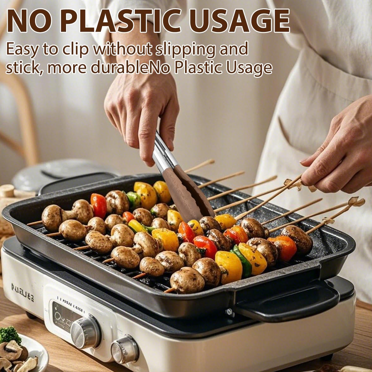 FunApricity long-handle tongs provide an anti-slip grip for precise flipping