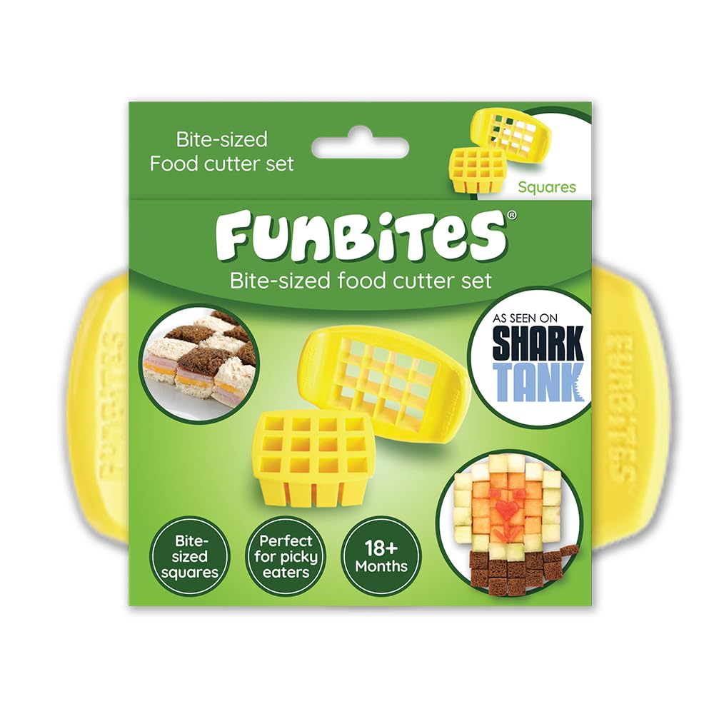 FUNBITES sandwich cutter in yellow squares shaping kid-friendly bite-sized pieces