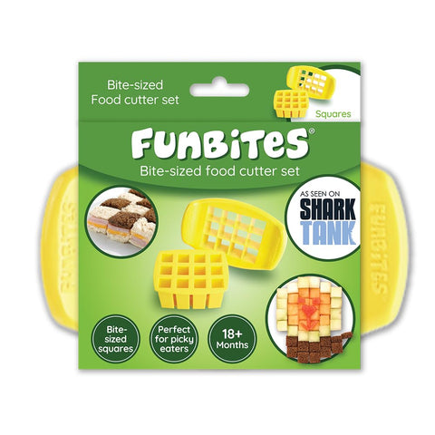 FUNBITES sandwich cutter in yellow squares shaping kid-friendly bite-sized pieces