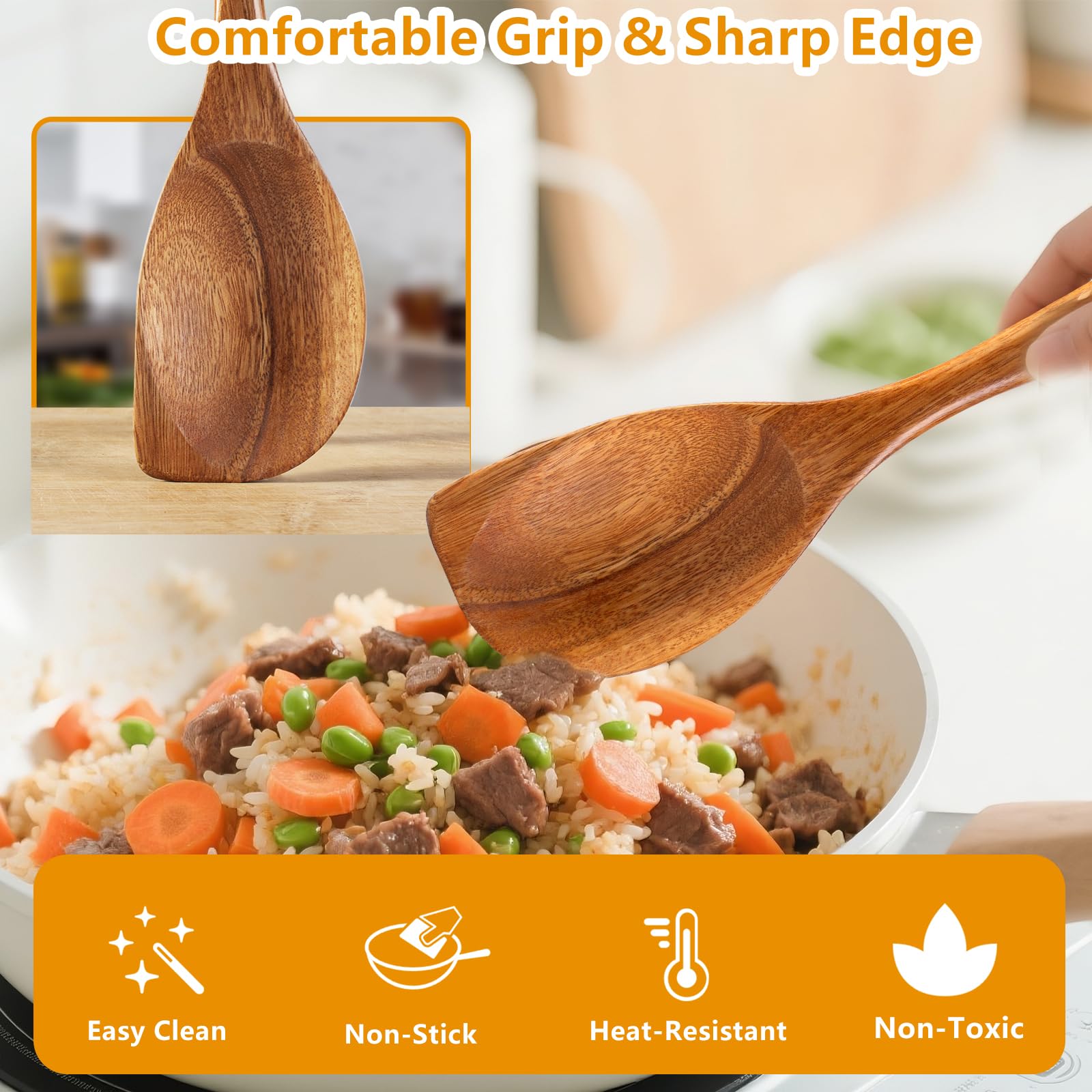 FunCee Acacia Spoons solid one-piece construction for durable, reliable stirring
