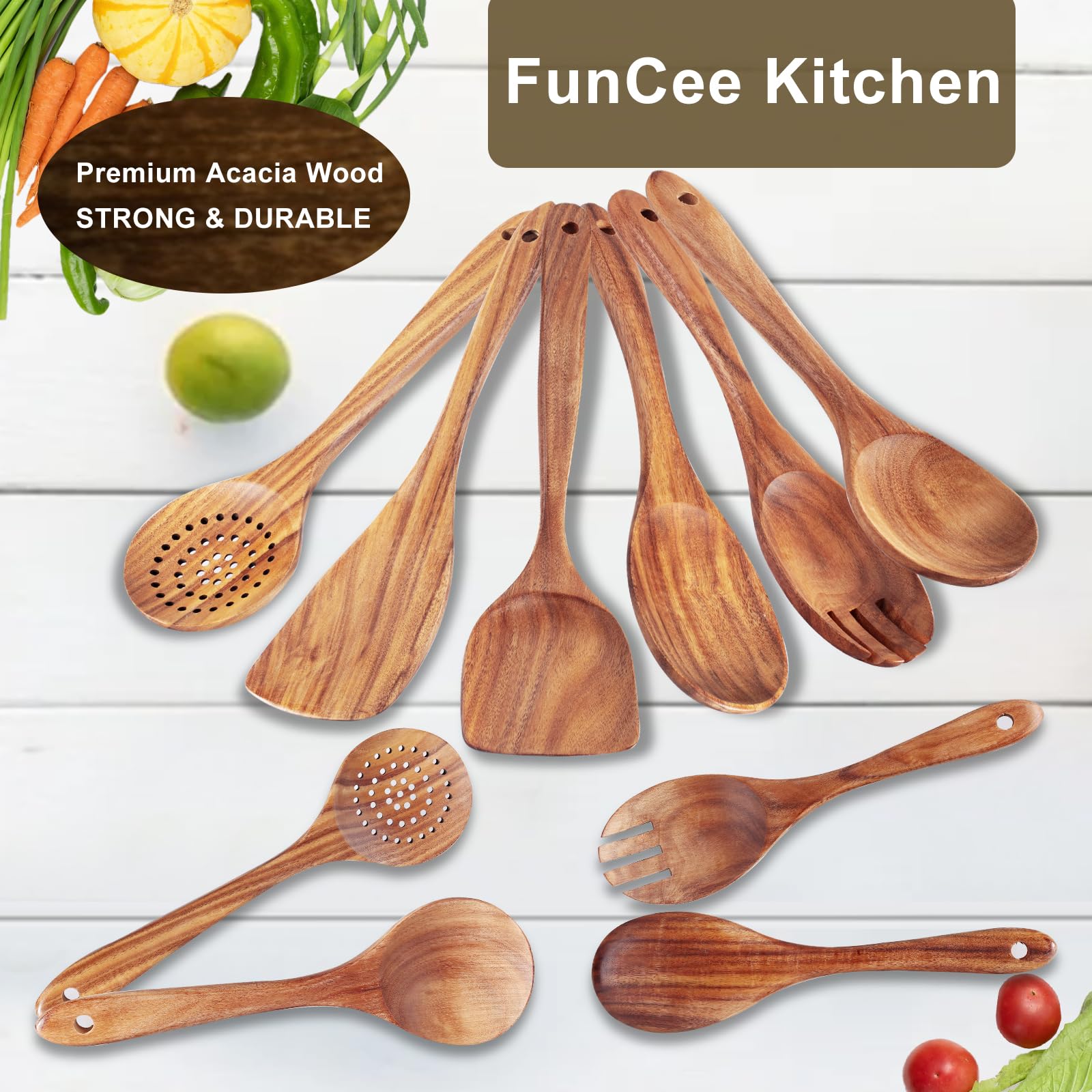 FunCee teak spoons variety types demonstrate versatile cooking tasks.
