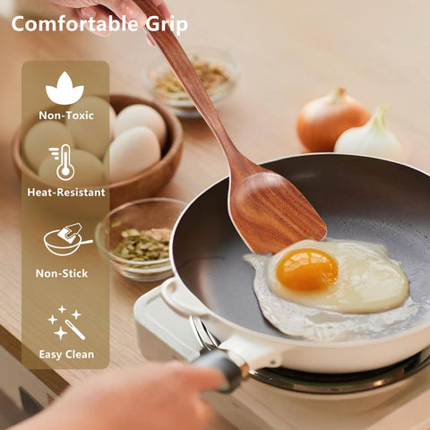 FunCee teak spoons close-up highlights ergonomic grip for comfortable, extended stirring.