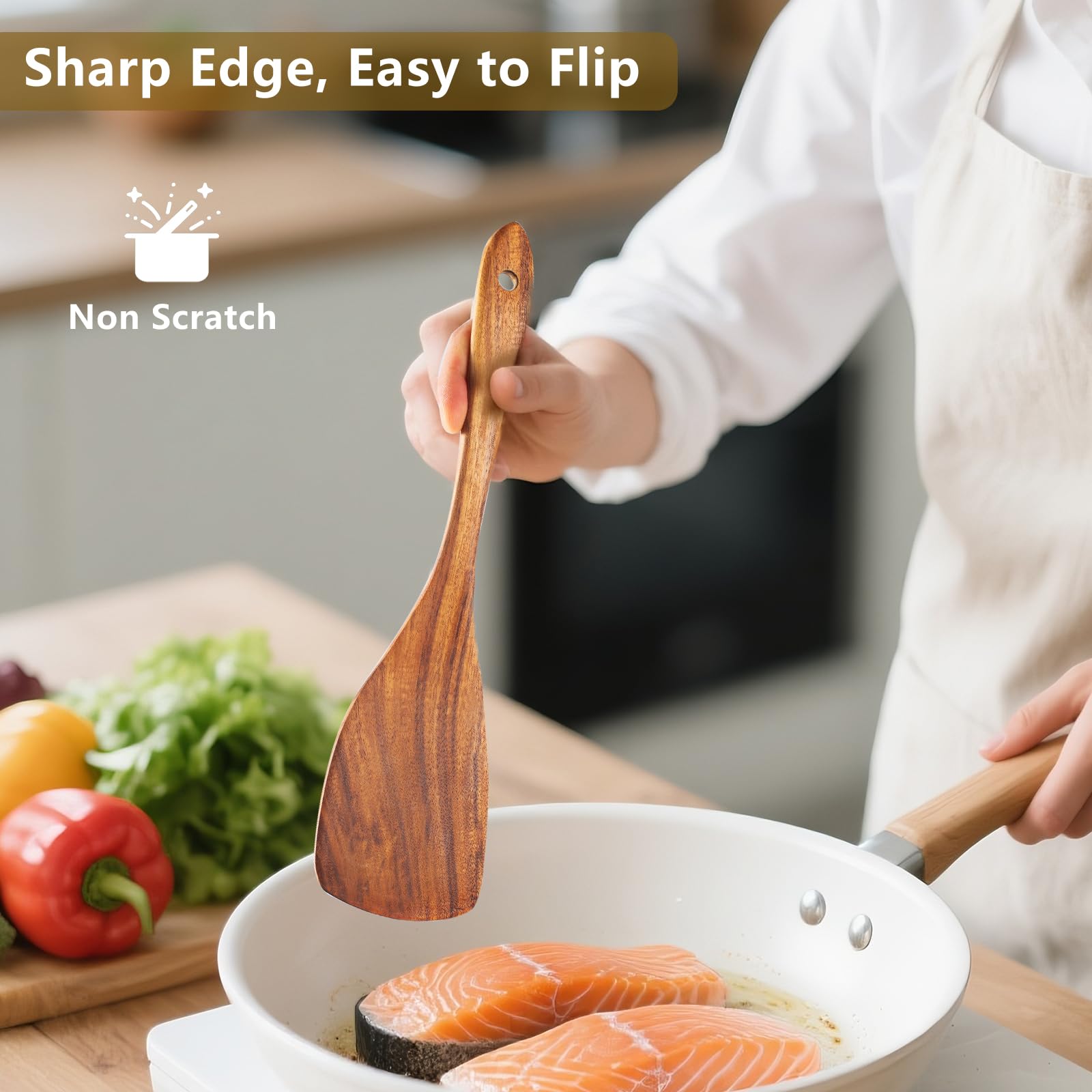 FunCee teak spoons gliding over nonstick pan without scratching.